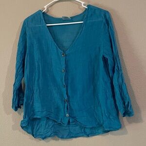 Vtg CLICK Teal Button-Front V-Neck Linen Top